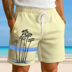 New OUKU Men's Coconut Tree Tropical Plants Waffle Shorts Sweat Shorts Casual Shorts Mid Waist Fashion Casual Vacation Jogging Workout Elastic Drawstring Waist Shorts with Pockets Designer Clothing Apparel
