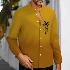 Online OUKU Men's Coconut Tree Tropical Plants Shirt Summer Hawaiian Shirt Collarless Shirt Long Sleeve Hawaiian Resort Vacation Casual Holiday Summer Spring Standing Collar 3D Print Button Down Shirts Yellow