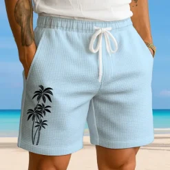 OUKU Men's Coconut Tree Tropical Plants Waffle Shorts Sweat Shorts Casual Shorts Mid Waist Fashion Casual Vacation Jogging Workout Elastic Drawstring Waist Shorts with Pockets Designer Clothing Apparel