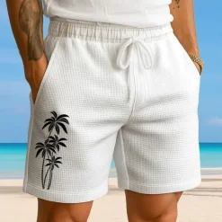 OUKU Men's Coconut Tree Tropical Plants Waffle Shorts Sweat Shorts Casual Shorts Mid Waist Fashion Casual Vacation Jogging Workout Elastic Drawstring Waist Shorts with Pockets Designer Clothing Apparel