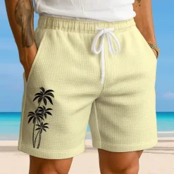 OUKU Men's Coconut Tree Tropical Plants Waffle Shorts Sweat Shorts Casual Shorts Mid Waist Fashion Casual Vacation Jogging Workout Elastic Drawstring Waist Shorts with Pockets Designer Clothing Apparel
