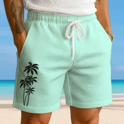OUKU Men's Coconut Tree Tropical Plants Waffle Shorts Sweat Shorts Casual Shorts Mid Waist Fashion Casual Vacation Jogging Workout Elastic Drawstring Waist Shorts with Pockets Designer Clothing Apparel