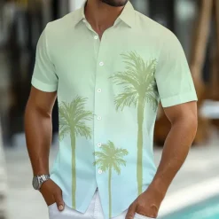 New OUKU Men's Coconut Tree Tropical Plants Shirt Summer Hawaiian Shirt Button Up Shirt Short Sleeve Hawaiian Vacation Holiday Beach Wear Summer Spring Turndown 3D Print Collared Shirts Light Green Light
