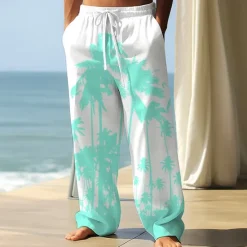 OUKU Men's Coconut Tree Tropical Plants Trousers Baggy Pants Casual Pants Mid Waist Hawaiian Vacation Holiday Beach Wear Elastic Waist Wide Leg Drawstring Summer Spring 3D Print Black Blue Green