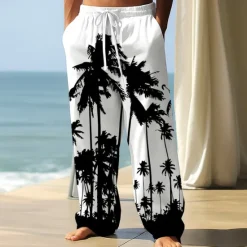 OUKU Men's Coconut Tree Tropical Plants Trousers Baggy Pants Casual Pants Mid Waist Hawaiian Vacation Holiday Beach Wear Elastic Waist Wide Leg Drawstring Summer Spring 3D Print Black Blue Green