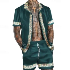 Clearance OUKU Men's Coconut Tree Tropical Plants 2pcs Shirts Sets Summer Hawaiian Shirt Short Sleeve Short Pants Cuban Collar Tropical Fashion Hawaiian Street Casual Hawaiian Print Summer Spring Green / Black