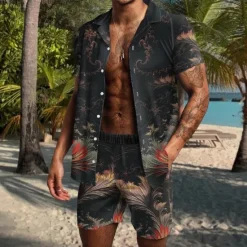Clearance OUKU Men's Coconut Tree Tropical Plants 2pcs Shirts Sets Summer Hawaiian Shirt Short Sleeve Short Pants Cuban Collar Tropical Fashion Hawaiian Street Casual Hawaiian Print Summer Spring Green / Black