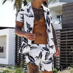 Clearance OUKU Men's Coconut Tree Tropical Plants 2pcs Shirts Sets Summer Hawaiian Shirt Short Sleeve Short Pants Cuban Collar Tropical Fashion Hawaiian Street Casual Hawaiian Print Summer Spring Green / Black