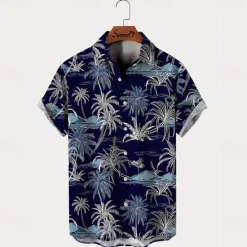 New OUKU Men's Coconut Tree Tropical Plants Casual Shirt Summer Hawaiian Shirt Button Up Shirt Short Sleeve Hawaiian Resort Vacation Holiday Beach Wear Summer Spring Turndown 3D Print Collared Shirts Dark Blue