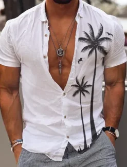 Discount OUKU Men's Coconut Tree Tropical Plants Summer Hawaiian Shirt Aloha Shirt Short Sleeve Shirt Turndown Fashion Comfortable Vacation Casual Daily White Blue Khaki S M L