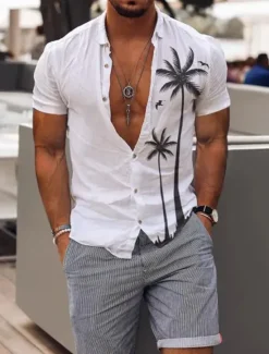 Discount OUKU Men's Coconut Tree Tropical Plants Summer Hawaiian Shirt Aloha Shirt Short Sleeve Shirt Turndown Fashion Comfortable Vacation Casual Daily White Blue Khaki S M L