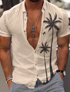 Discount OUKU Men's Coconut Tree Tropical Plants Summer Hawaiian Shirt Aloha Shirt Short Sleeve Shirt Turndown Fashion Comfortable Vacation Casual Daily White Blue Khaki S M L