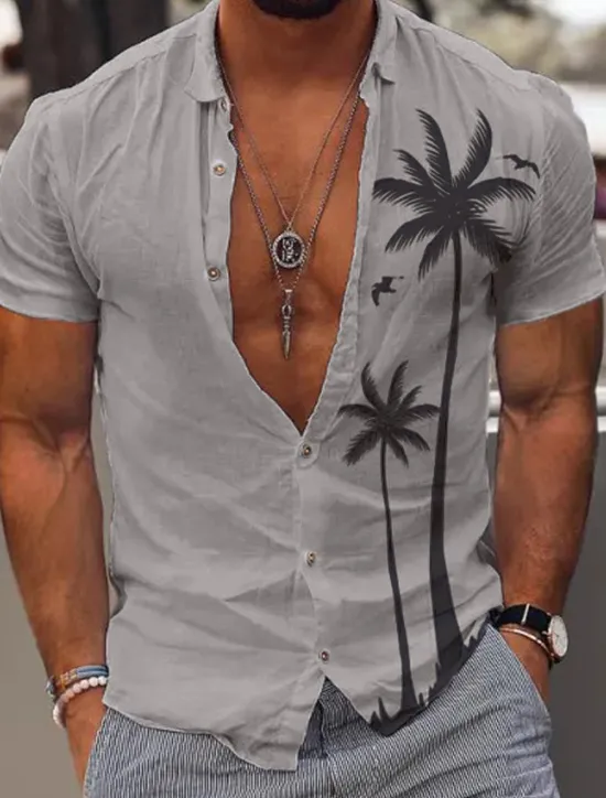 Discount OUKU Men's Coconut Tree Tropical Plants Summer Hawaiian Shirt Aloha Shirt Short Sleeve Shirt Turndown Fashion Comfortable Vacation Casual Daily White Blue Khaki S M L