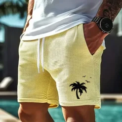 Outlet OUKU Men's Coconut Tree Tropical Plants Waffle Shorts Sweat Shorts Casual Shorts Mid Waist Fashion Casual Vacation Jogging Workout Elastic Drawstring Waist Shorts with Pockets Designer Clothing Apparel