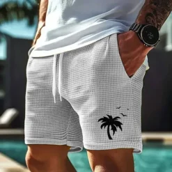 Outlet OUKU Men's Coconut Tree Tropical Plants Waffle Shorts Sweat Shorts Casual Shorts Mid Waist Fashion Casual Vacation Jogging Workout Elastic Drawstring Waist Shorts with Pockets Designer Clothing Apparel