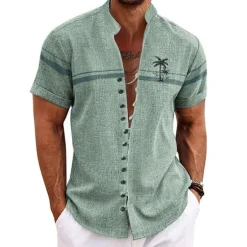 OUKU Men's Coconut Tree Tropical Plants Shirt Summer Hawaiian Shirt Aloha Shirt Short Sleeve Shirt Stand Collar Fashion Streetwear Designer Outdoor Vacation Street Blue Purple Green S M L