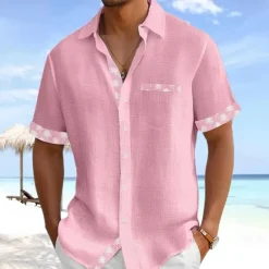 Clearance OUKU Men's Coconut Tree Tropical Plants Summer Hawaiian Shirt Button Up Shirt Aloha Shirt Short Sleeve Hawaiian Vacation Holiday Beach Wear Summer Turndown 3D Print Front One Pocket Linen Like Shirt Pink