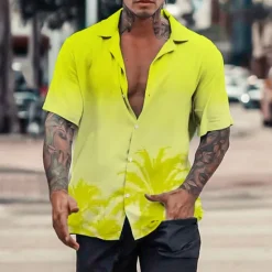 New OUKU Men's Coconut Tree Tropical Plants Shirt Summer Hawaiian Shirt Aloha Shirt Short Sleeve Shirt Turndown Tropical Fashion Hawaiian Casual Hawaiian Holiday Light Yellow Yellow Pink S M L