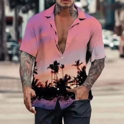 New OUKU Men's Coconut Tree Tropical Plants Shirt Summer Hawaiian Shirt Aloha Shirt Short Sleeve Shirt Turndown Tropical Fashion Hawaiian Casual Hawaiian Holiday Light Yellow Yellow Pink S M L