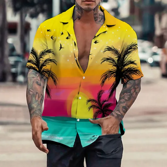 New OUKU Men's Coconut Tree Tropical Plants Shirt Summer Hawaiian Shirt Aloha Shirt Short Sleeve Shirt Turndown Tropical Fashion Hawaiian Casual Hawaiian Holiday Light Yellow Yellow Pink S M L