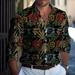 Hot OUKU Men's Coconut Tree Tropical Plants Flowers Shirt Button Down Shirt Hawaiian Shirts Long Sleeve Hawaiian Outdoor Vacation Holiday Summer Spring Turndown 3D Print Collared Shirts Black White Pink Blue