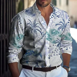 Hot OUKU Men's Coconut Tree Tropical Plants Flowers Shirt Button Down Shirt Hawaiian Shirts Long Sleeve Hawaiian Outdoor Vacation Holiday Summer Spring Turndown 3D Print Collared Shirts Black White Pink Blue