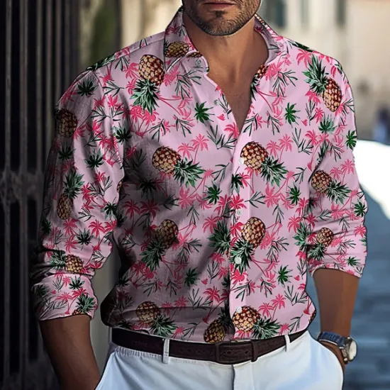 Hot OUKU Men's Coconut Tree Tropical Plants Flowers Shirt Button Down Shirt Hawaiian Shirts Long Sleeve Hawaiian Outdoor Vacation Holiday Summer Spring Turndown 3D Print Collared Shirts Black White Pink Blue