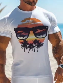 New OUKU Men's Coconut Tree Tropical Funny Hawaiian T Shirt Tee Top 100% Cotton Short Sleeve Graphic Shirt Comfortable Tee Vacation Street Fashion Designer Clothing White