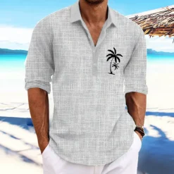 Clearance OUKU Men's Coconut Tree Tropical Plants Shirt Summer Hawaiian Shirt Aloha Shirt Long Sleeve Shirt Stand Collar Fashion Streetwear Designer Outdoor Street Casual Pink Blue Green S M L