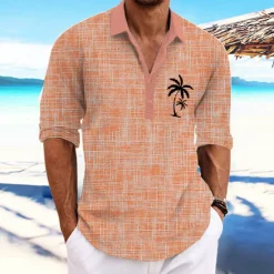 Clearance OUKU Men's Coconut Tree Tropical Plants Shirt Summer Hawaiian Shirt Aloha Shirt Long Sleeve Shirt Stand Collar Fashion Streetwear Designer Outdoor Street Casual Pink Blue Green S M L