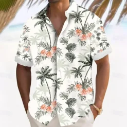 Outlet OUKU Men's Coconut Tree Tropical Flowers Shirt Summer Hawaiian Shirt Button Up Shirt Short Sleeve Hawaiian Resort Vacation Holiday Beach Wear Summer Spring Turndown 3D Print Collared Shirts White