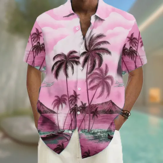 Hot OUKU Men's Coconut Tree Tropical Plants Summer Hawaiian Shirt Button Up Shirt Aloha Shirt Short Sleeve Hawaiian Vacation Beach Wear Summer Spring Turndown 3D Print Collared Shirts Pink Blue Purple Orange