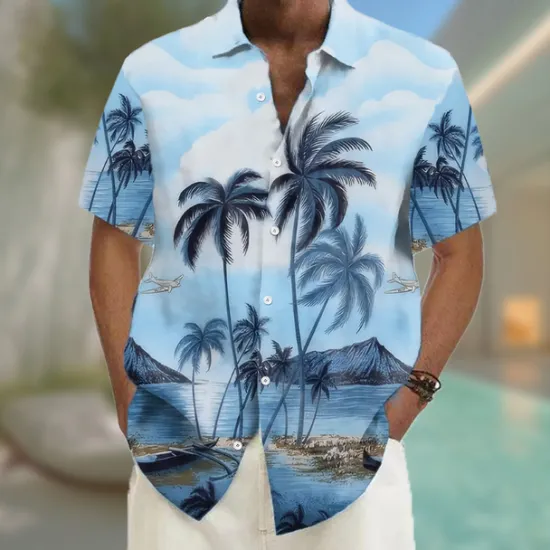 Hot OUKU Men's Coconut Tree Tropical Plants Summer Hawaiian Shirt Button Up Shirt Aloha Shirt Short Sleeve Hawaiian Vacation Beach Wear Summer Spring Turndown 3D Print Collared Shirts Pink Blue Purple Orange