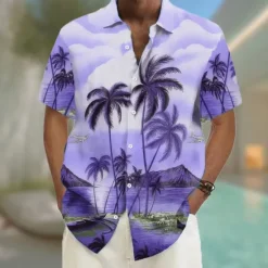 Hot OUKU Men's Coconut Tree Tropical Plants Summer Hawaiian Shirt Button Up Shirt Aloha Shirt Short Sleeve Hawaiian Vacation Beach Wear Summer Spring Turndown 3D Print Collared Shirts Pink Blue Purple Orange