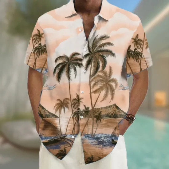 Hot OUKU Men's Coconut Tree Tropical Plants Summer Hawaiian Shirt Button Up Shirt Aloha Shirt Short Sleeve Hawaiian Vacation Beach Wear Summer Spring Turndown 3D Print Collared Shirts Pink Blue Purple Orange