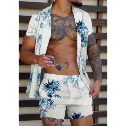 Discount OUKU Men's Coconut Tree Tropical Plants 2pcs Shirts Sets Summer Hawaiian Shirt Short Sleeve Short Pants Turndown Tropical Fashion Hawaiian Street Casual Holiday Print Summer Spring Yellow Pink Blue