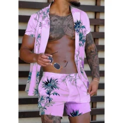 Discount OUKU Men's Coconut Tree Tropical Plants 2pcs Shirts Sets Summer Hawaiian Shirt Short Sleeve Short Pants Turndown Tropical Fashion Hawaiian Street Casual Holiday Print Summer Spring Yellow Pink Blue