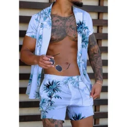 Discount OUKU Men's Coconut Tree Tropical Plants 2pcs Shirts Sets Summer Hawaiian Shirt Short Sleeve Short Pants Turndown Tropical Fashion Hawaiian Street Casual Holiday Print Summer Spring Yellow Pink Blue