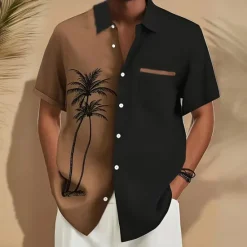 Best OUKU Men's Coconut Tree Tropical Plants Shirt Summer Hawaiian Shirt Button Up Shirt Short Sleeve Hawaiian Vacation Holiday Beach Wear Summer Spring Turndown 3D Print Front One Pocket Linen Like Shirt