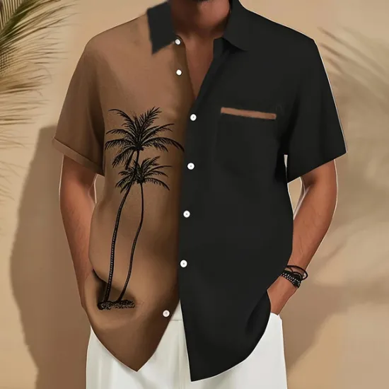 Best OUKU Men's Coconut Tree Tropical Plants Shirt Summer Hawaiian Shirt Button Up Shirt Short Sleeve Hawaiian Vacation Holiday Beach Wear Summer Spring Turndown 3D Print Front One Pocket Linen Like Shirt