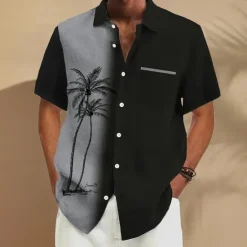 Best OUKU Men's Coconut Tree Tropical Plants Shirt Summer Hawaiian Shirt Button Up Shirt Short Sleeve Hawaiian Vacation Holiday Beach Wear Summer Spring Turndown 3D Print Front One Pocket Linen Like Shirt