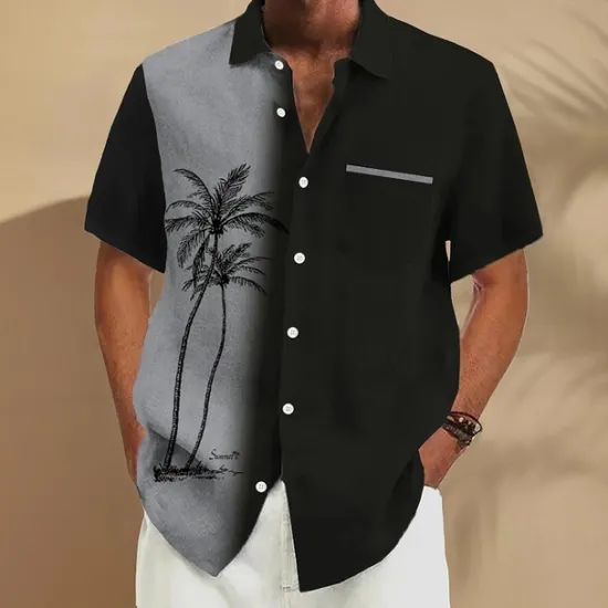 Best OUKU Men's Coconut Tree Tropical Plants Shirt Summer Hawaiian Shirt Button Up Shirt Short Sleeve Hawaiian Vacation Holiday Beach Wear Summer Spring Turndown 3D Print Front One Pocket Linen Like Shirt