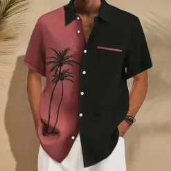 Best OUKU Men's Coconut Tree Tropical Plants Shirt Summer Hawaiian Shirt Button Up Shirt Short Sleeve Hawaiian Vacation Holiday Beach Wear Summer Spring Turndown 3D Print Front One Pocket Linen Like Shirt