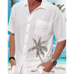 Discount OUKU Men's Coconut Tree Tropical Plants Shirt Summer Hawaiian Shirt Aloha Shirt Short Sleeves Shirt Turndown Tropical Fashion Hawaiian Outdoor Street Hawaiian Black White Light Green S M L