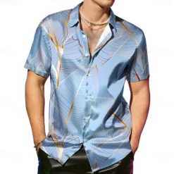OUKU Men's Coconut Tree Tropical Plants Satin Shirt Dress Shirt Button Up Shirt Short Sleeve Fashion Casual Vacation Party Evening Wear Daily Summer Spring Turndown Collared Shirts Button Up 3D Print Pink