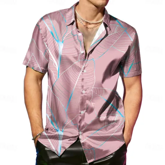 OUKU Men's Coconut Tree Tropical Plants Satin Shirt Dress Shirt Button Up Shirt Short Sleeve Fashion Casual Vacation Party Evening Wear Daily Summer Spring Turndown Collared Shirts Button Up 3D Print Pink