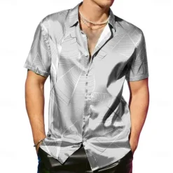 OUKU Men's Coconut Tree Tropical Plants Satin Shirt Dress Shirt Button Up Shirt Short Sleeve Fashion Casual Vacation Party Evening Wear Daily Summer Spring Turndown Collared Shirts Button Up 3D Print Pink