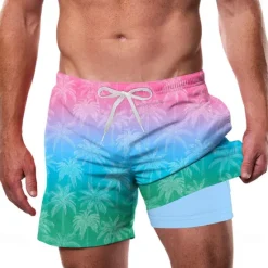Outlet OUKU Men's Coconut Tree Tropical Gradient Color Lined Shorts 2 in 1 Board Shorts Swim Shorts Mid Waist Hawaiian Vacation Side Pockets With Compression Liner Elastic Drawstring Waist Designer Clothing
