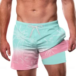 Outlet OUKU Men's Coconut Tree Tropical Gradient Color Lined Shorts 2 in 1 Board Shorts Swim Shorts Mid Waist Hawaiian Vacation Side Pockets With Compression Liner Elastic Drawstring Waist Designer Clothing