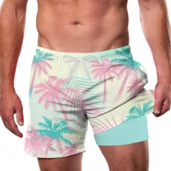 Outlet OUKU Men's Coconut Tree Tropical Gradient Color Lined Shorts 2 in 1 Board Shorts Swim Shorts Mid Waist Hawaiian Vacation Side Pockets With Compression Liner Elastic Drawstring Waist Designer Clothing